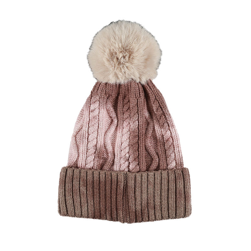Winter Warm Cable Knit Pom Pom Beanie with Folded Cuff and Faux Fur Ball