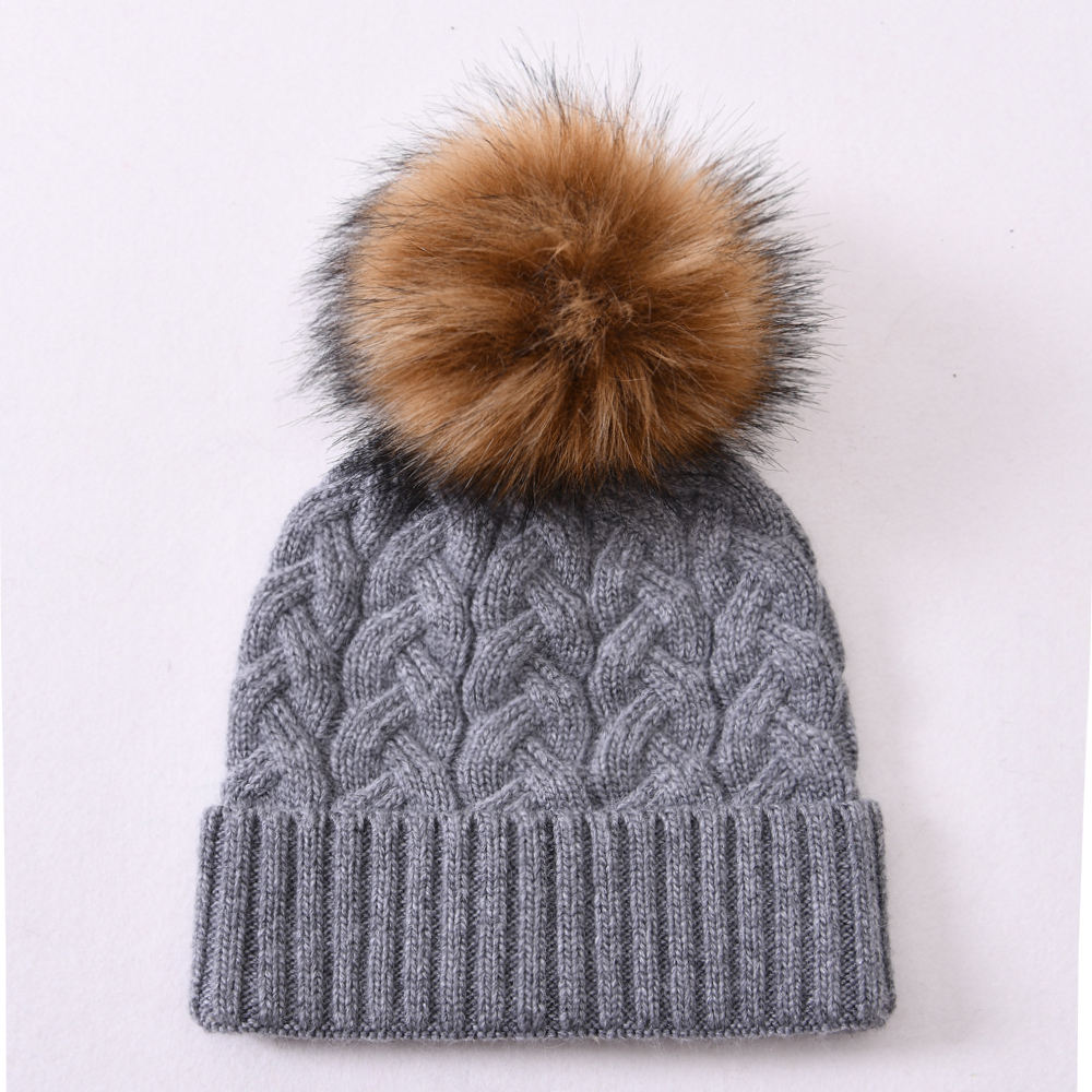 Winter Faux Fur Pom Cable Knit Beanie – Warm Chunky Cuffed Hat