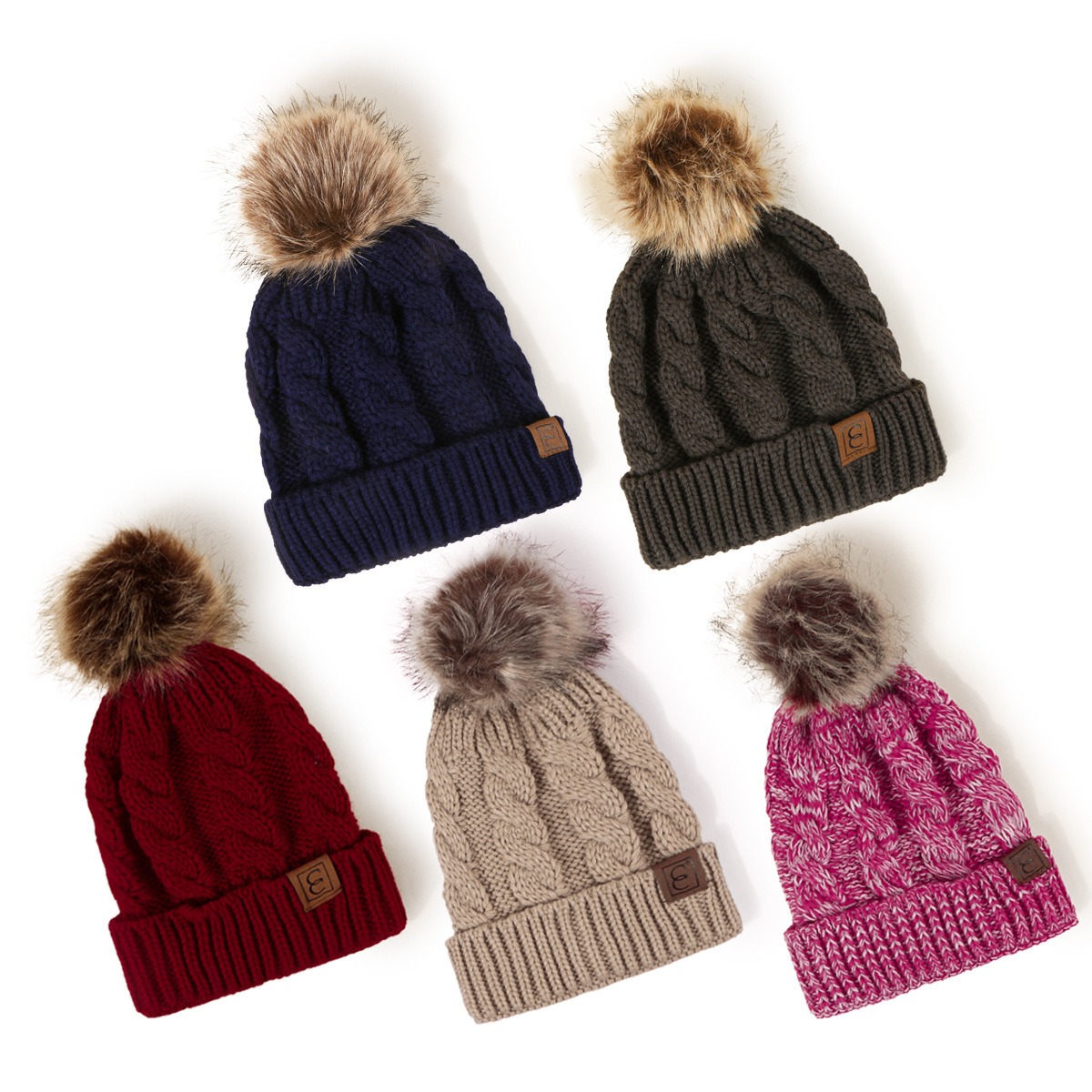 Winter Cable Knit Faux Fur Pom Pom Beanie Hat for Women Soft Warm Cuffed Skull Cap