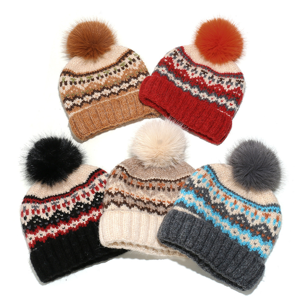 Winter Fair Isle Knitted Pom Pom Beanie Hat Warm Nordic Pattern Cap
