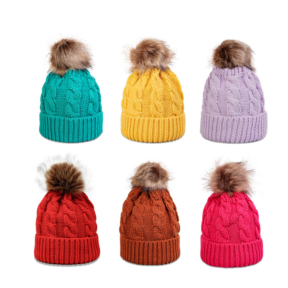 Winter Knit Beanie with Faux Fur Pom – Multiple Colors