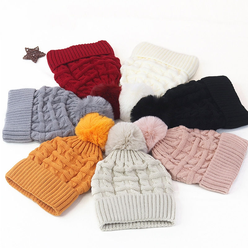 Winter Cable Knit Cuffed Beanie with Faux Fur Pom Pom for Women and Men