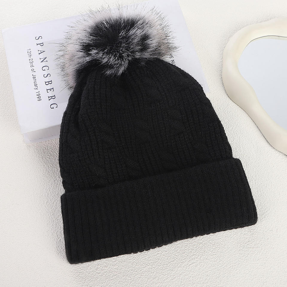 Winter Knit Beanie with Faux Fur Pom – Warm Cuffed Hat for Cold Weather