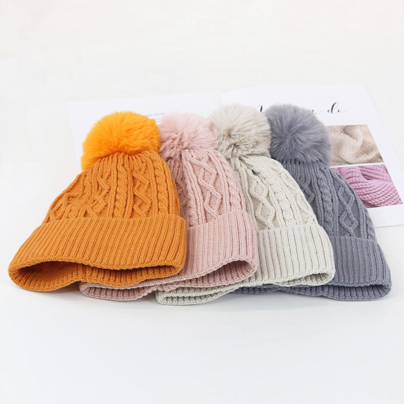 Winter Pom-Pom Cable Knit Beanie in Multiple Colors