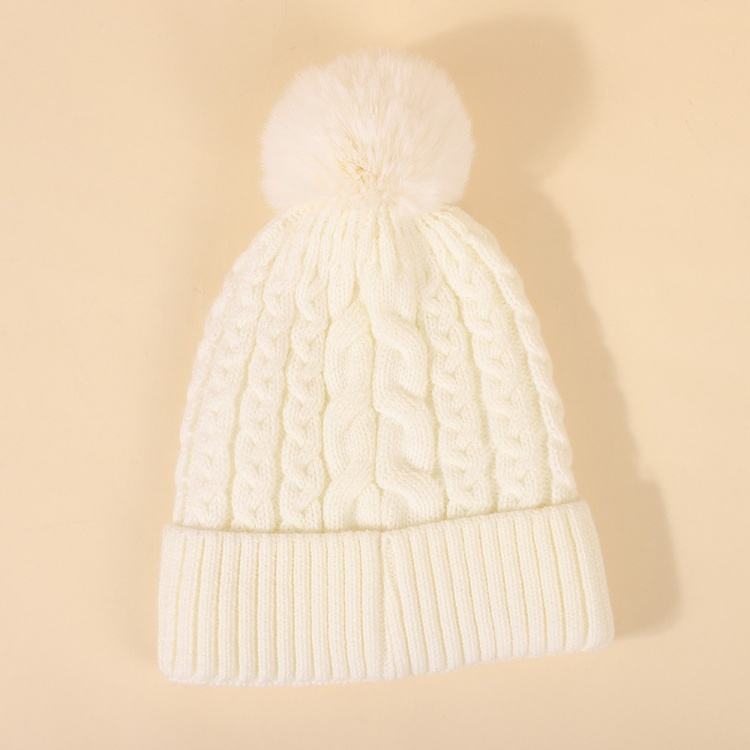 Winter Cable Knit Beanie Hat with Faux Fur Pom Pom