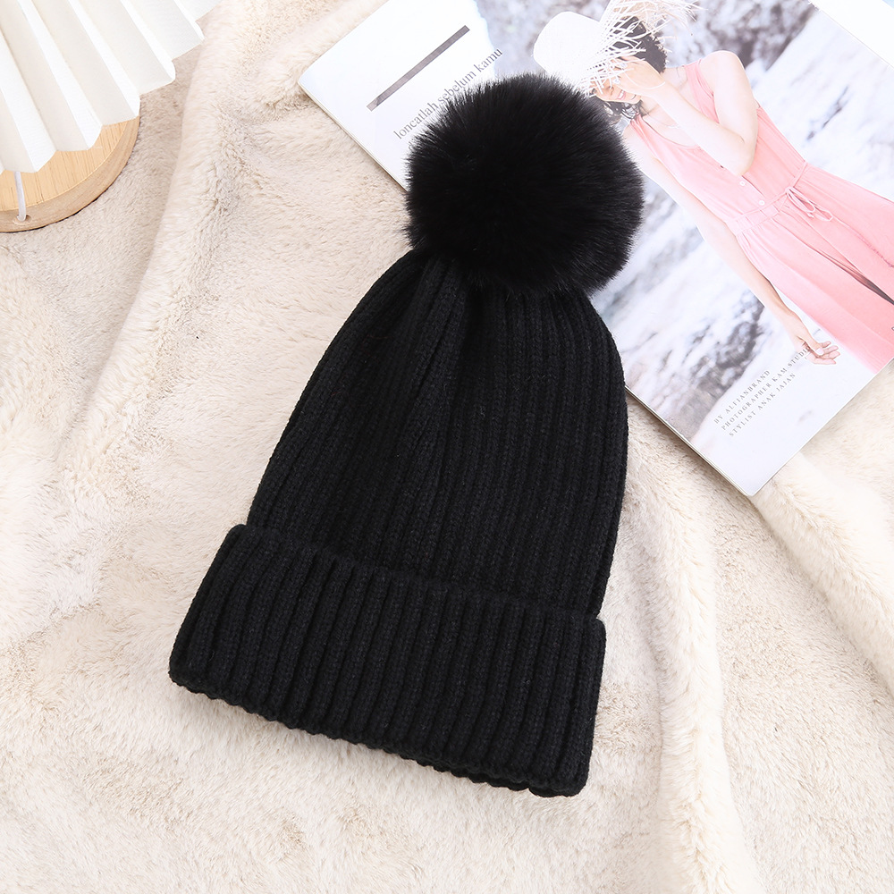 Colorful Faux Fur Pom Pom Beanie – Warm Ribbed Winter Knit Hat