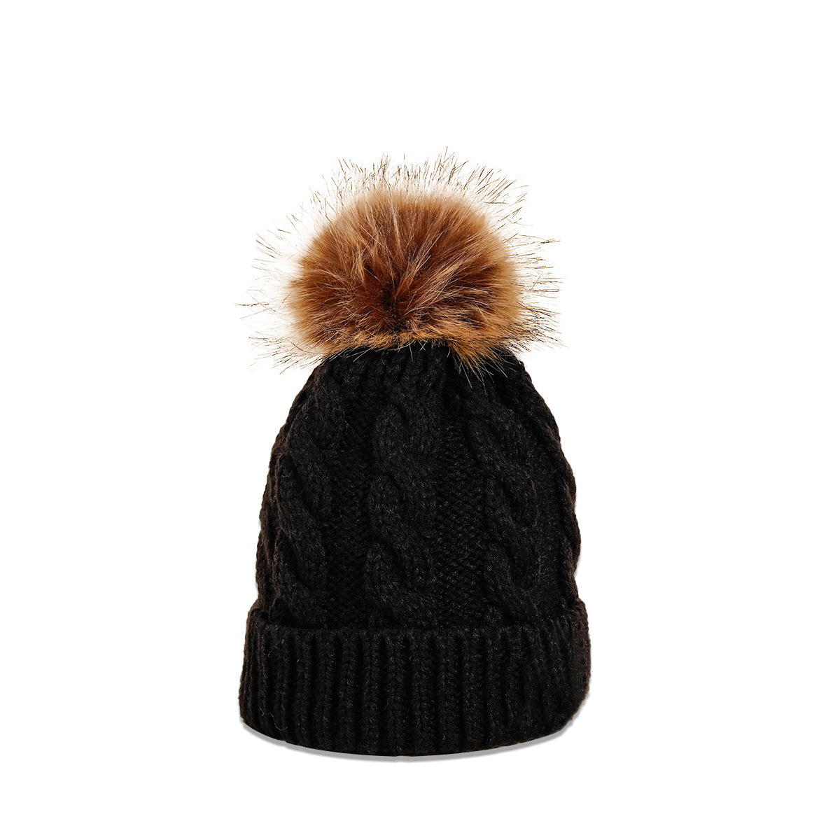 Winter Knit Beanie with Faux Fur Pom – Multiple Colors