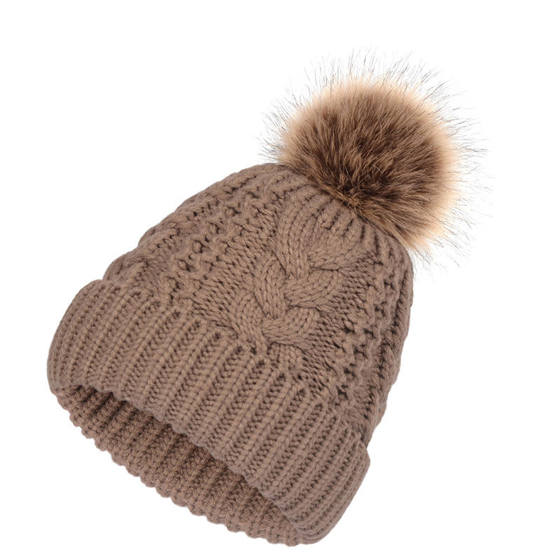 Winter Cable Knit Beanie with Faux Fur Pom – Soft Warm Cuffed Hat