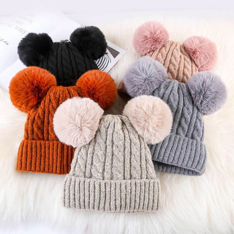 Double Pom Pom Soft Knit Winter Beanie for Kids and Adults