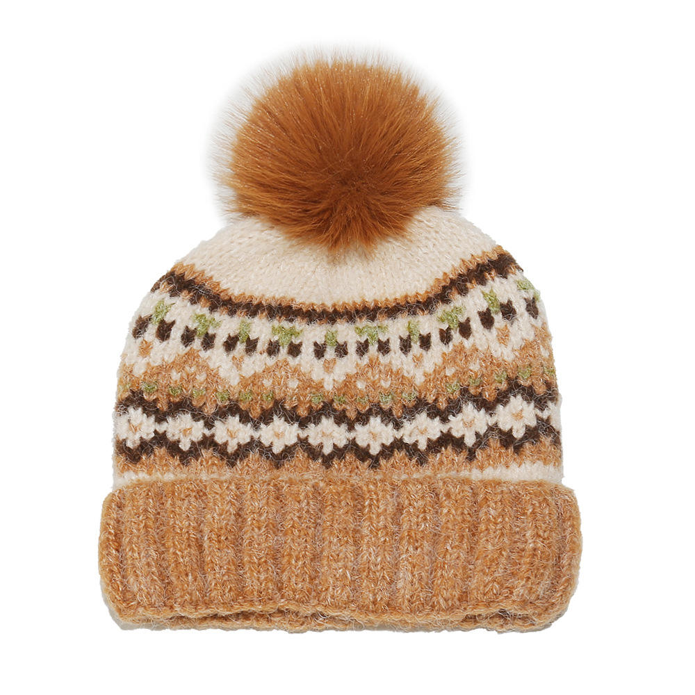 Winter Fair Isle Knitted Pom Pom Beanie Hat Warm Nordic Pattern Cap