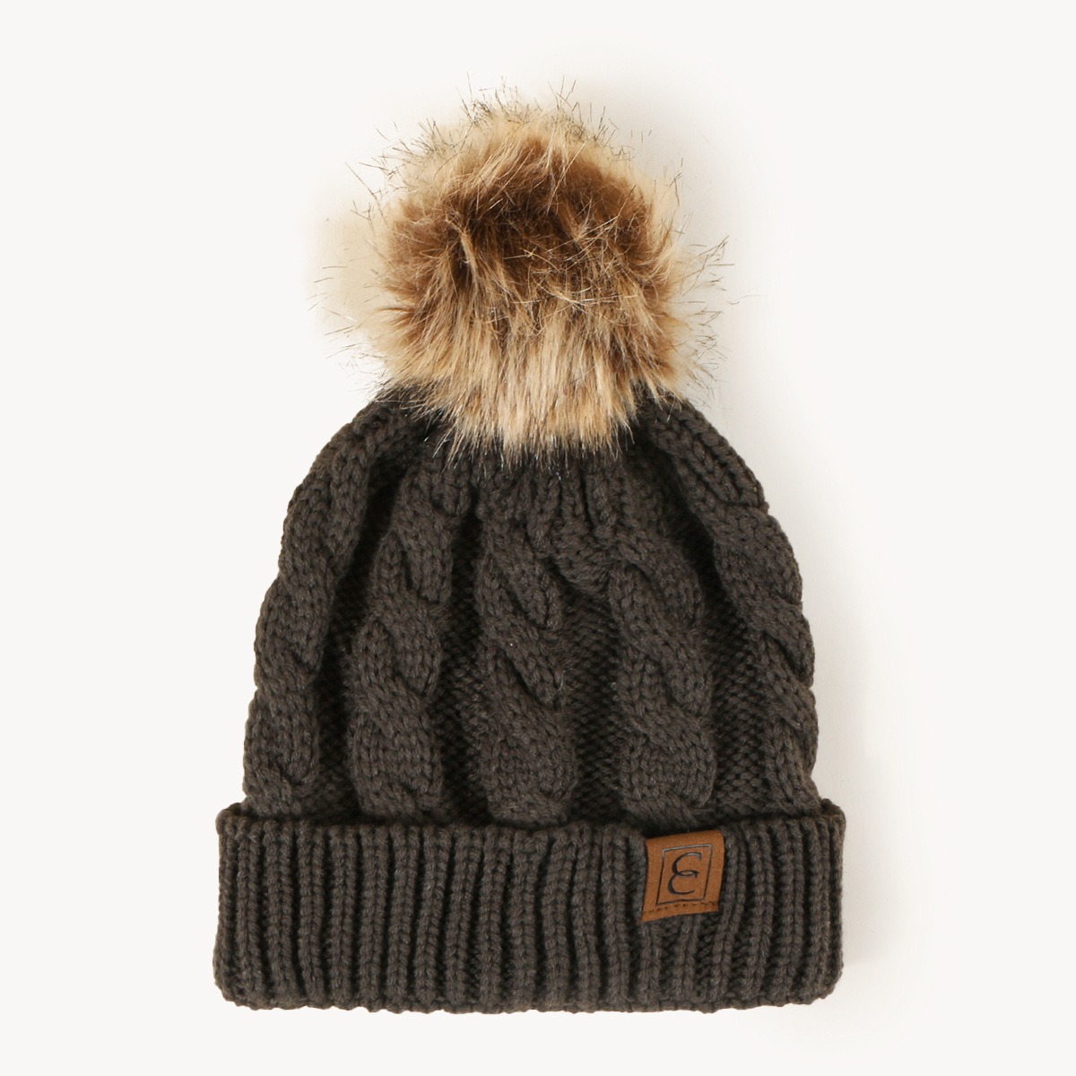 Winter Cable Knit Faux Fur Pom Pom Beanie Hat for Women Soft Warm Cuffed Skull Cap