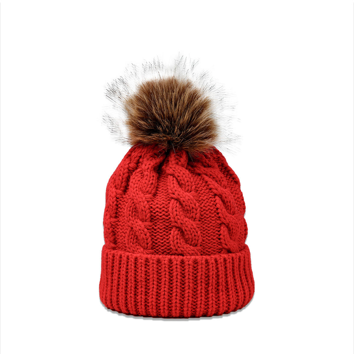 Winter Knit Beanie with Faux Fur Pom – Multiple Colors