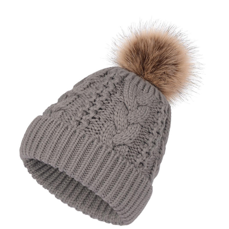 Winter Cable Knit Beanie with Faux Fur Pom – Soft Warm Cuffed Hat