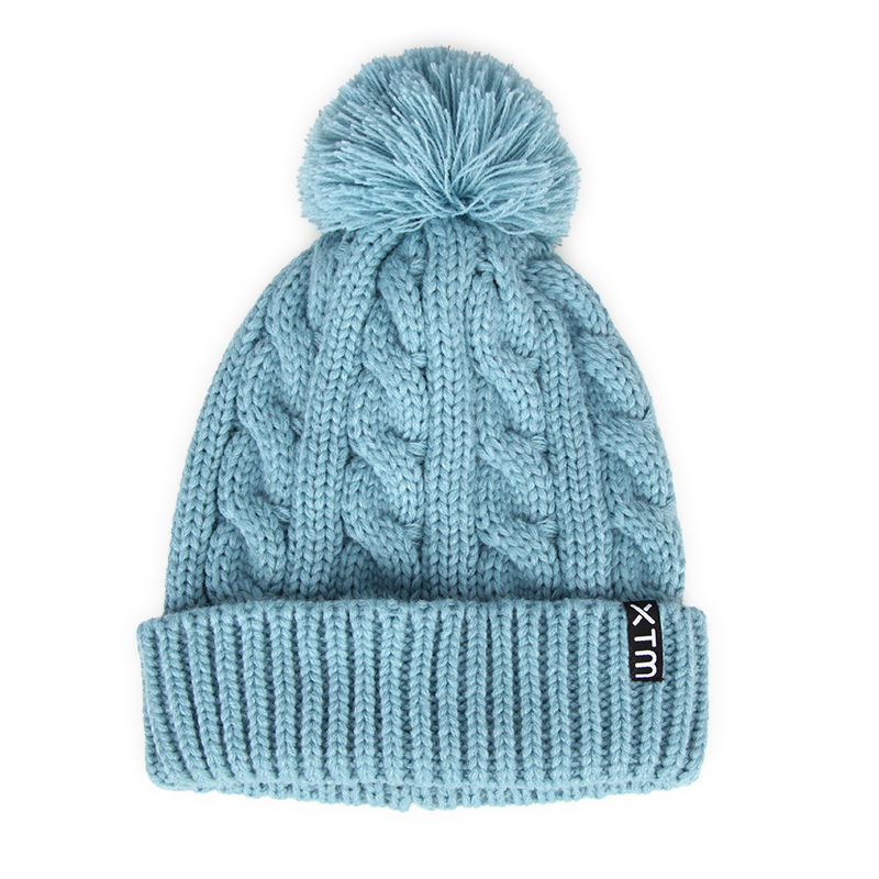 Thick Cable Knit Cuffed Beanie with Faux Fur Pom Pom for Winter
