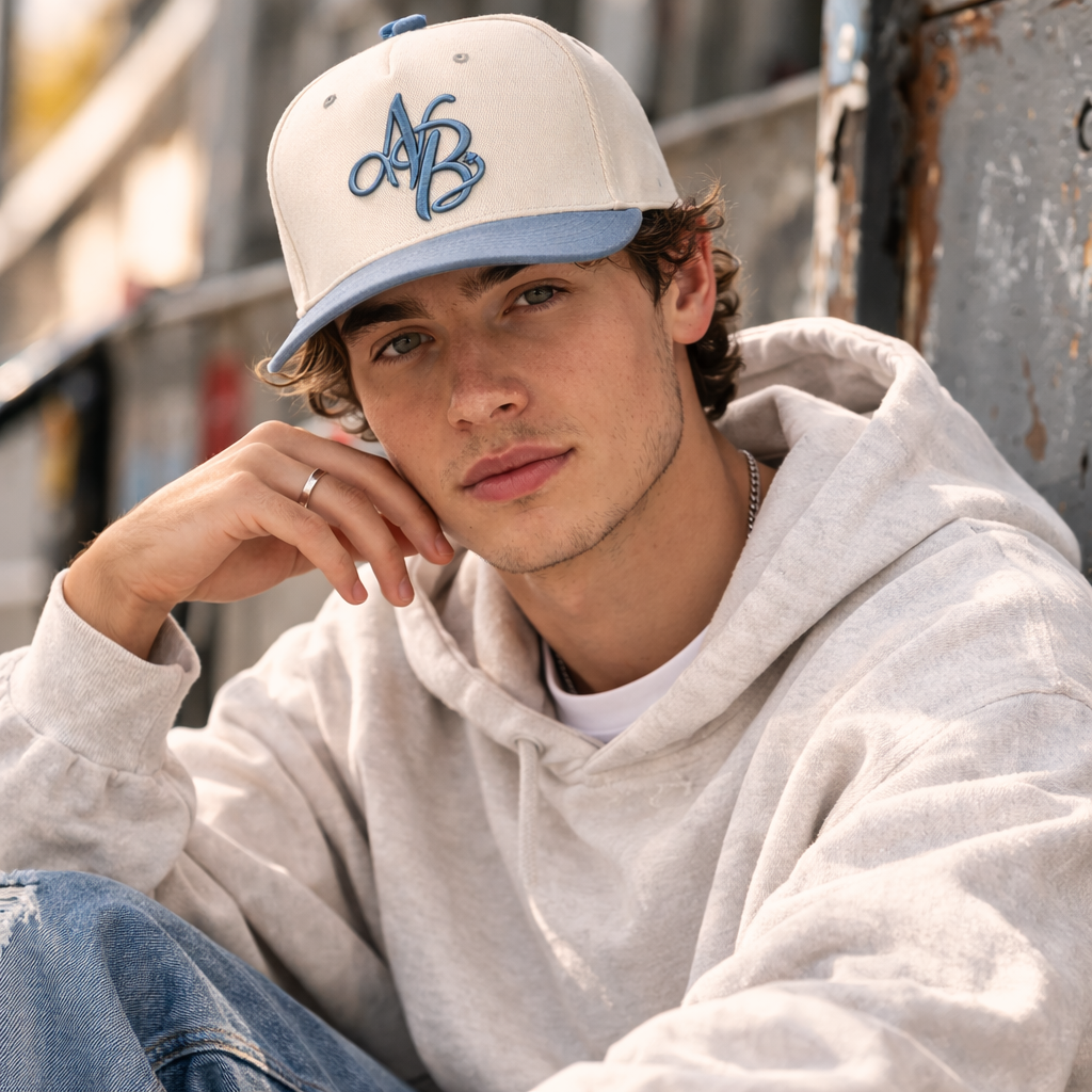 Cream and Blue Two Tone Embroidered Logo Cotton Baseball Cap