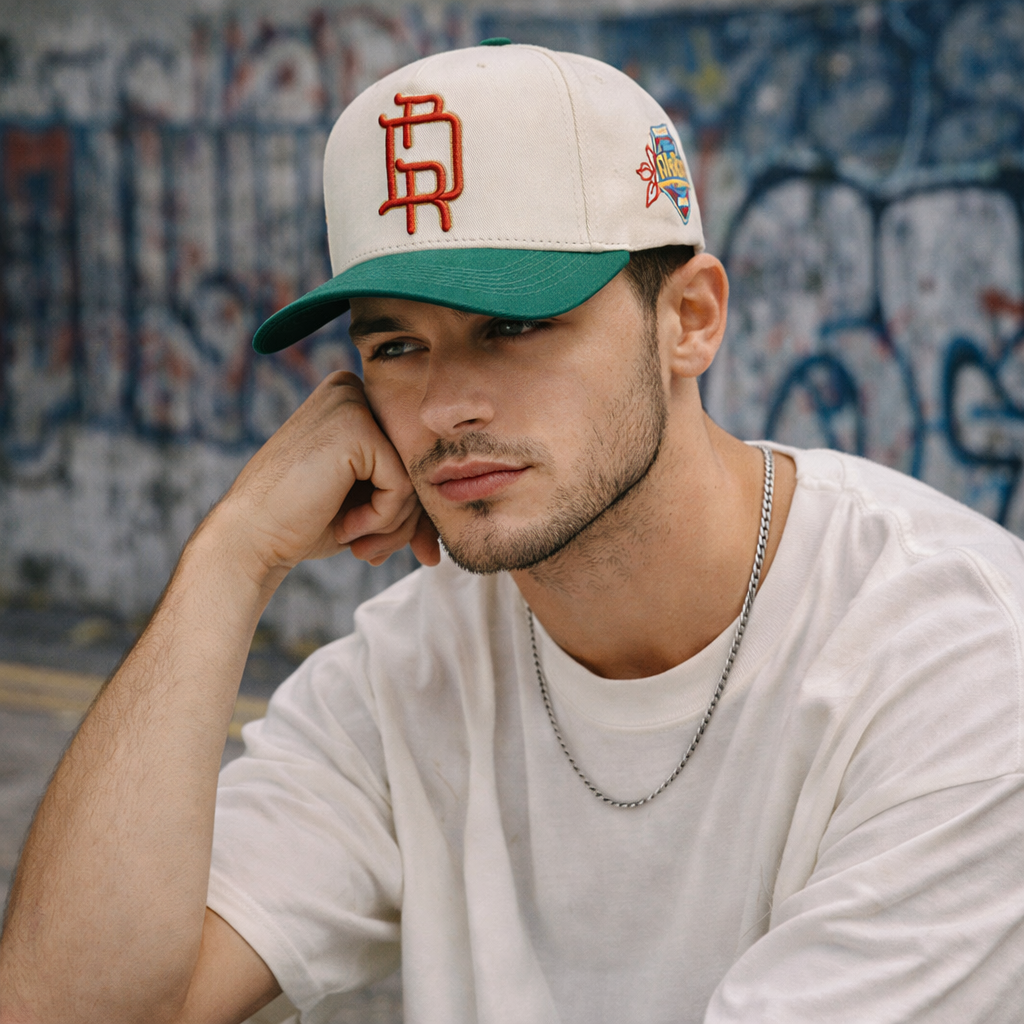 Cream and Green Two Tone Baseball Cap with 3D Embroidered Letter Logo