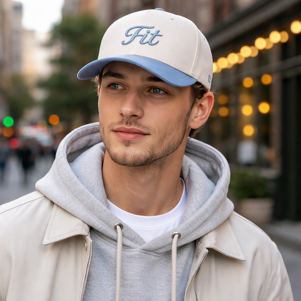 Cream and Blue Two Tone Embroidered Logo Cotton Baseball Cap