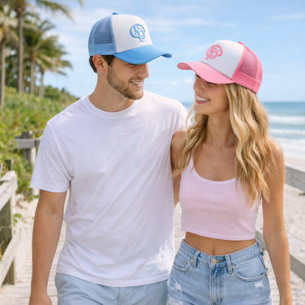Pastel Blue and Pink Mesh Back 3D Logo Trucker Caps