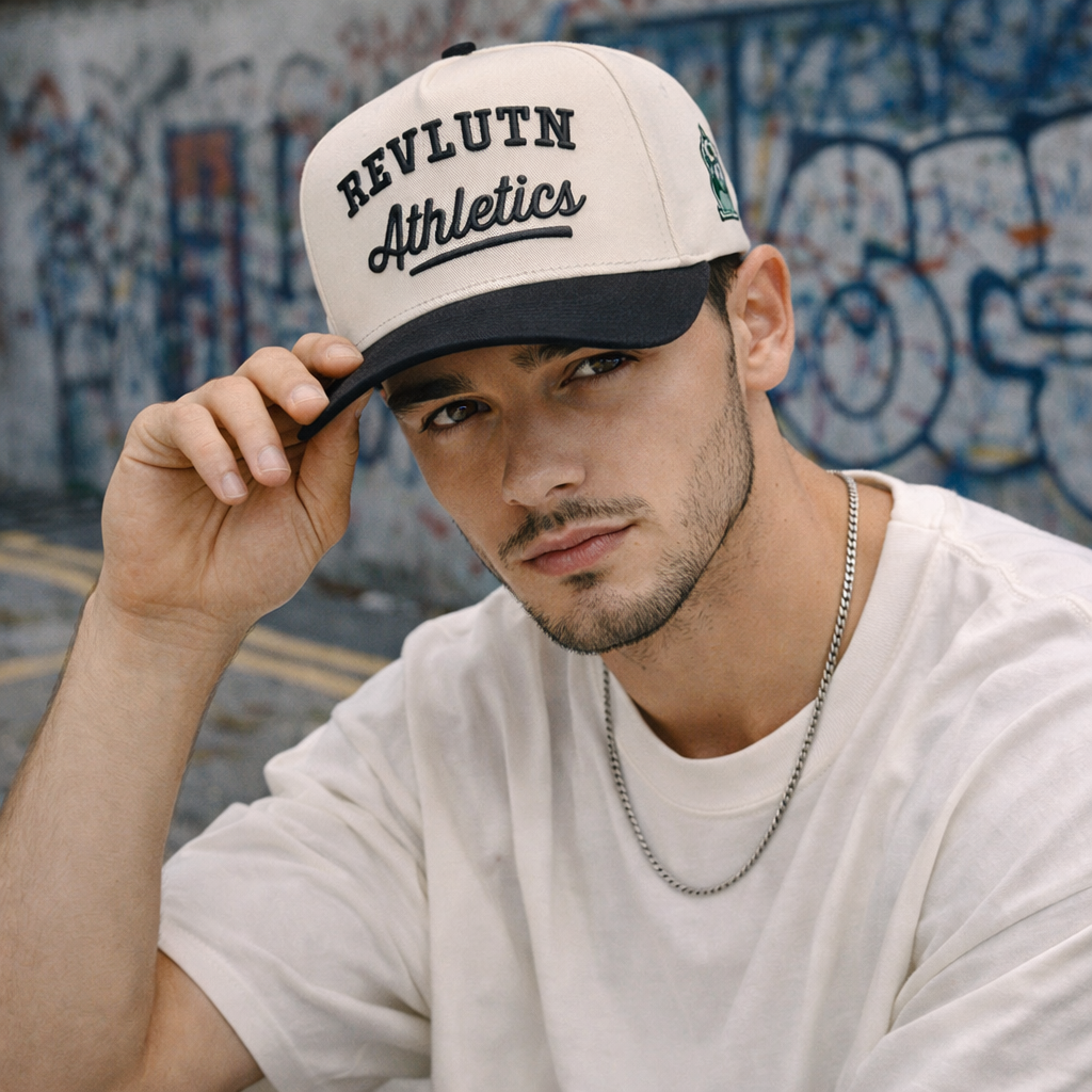 Cream and Black Two Tone Baseball Cap with REVLVN Athletics 3D Embroidery