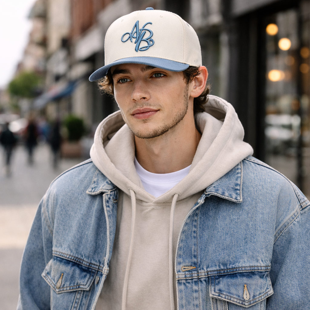 Cream and Blue Two Tone Embroidered Logo Cotton Baseball Cap