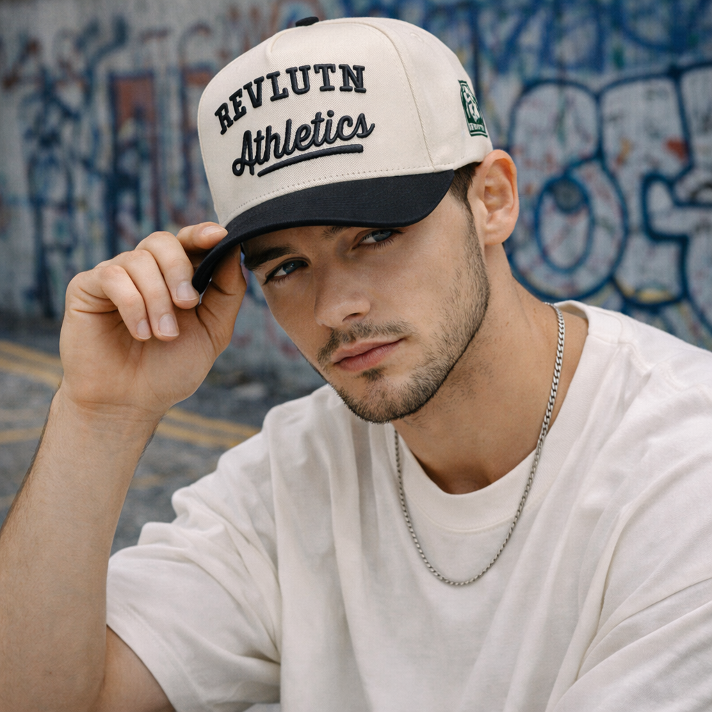 Cream and Black Two Tone Baseball Cap with REVLVN Athletics 3D Embroidery
