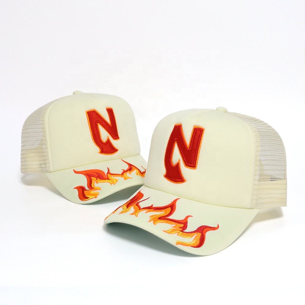 Flame Embroidered 5 Panel Foam Trucker Hat with Mesh Back Snapback Cap