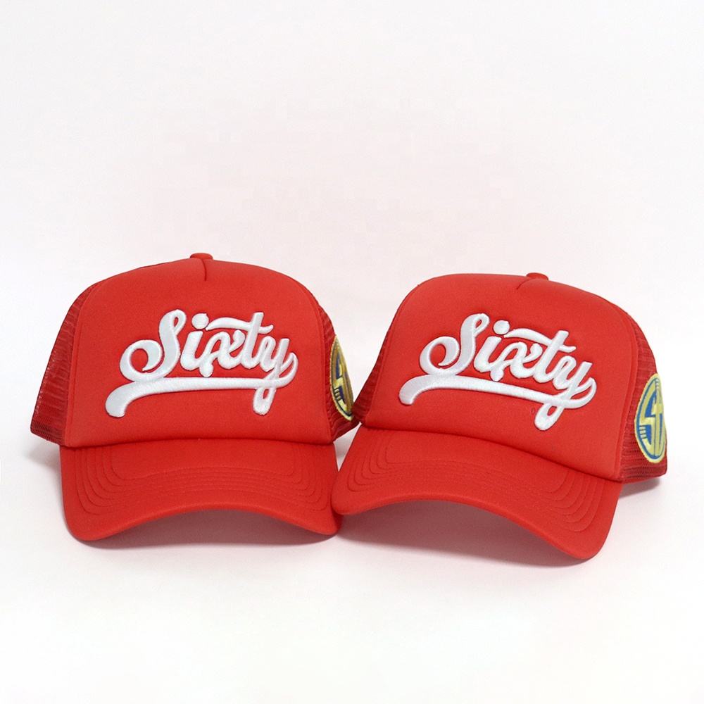Red Foam Trucker Hats with White Sixty Script 3D Embroidery Logo