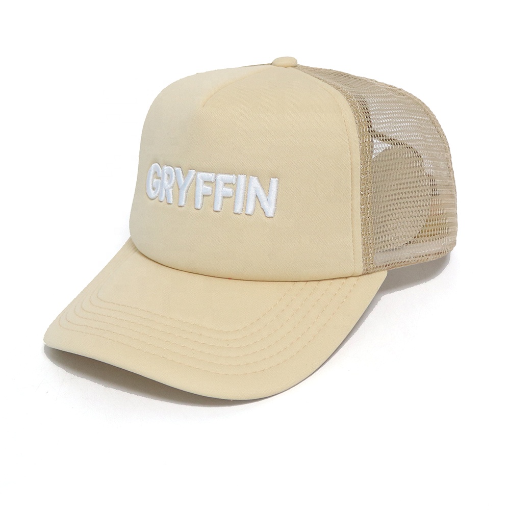 Beige Foam Trucker Hat with White 3D Embroidered GRYFFIN Logo