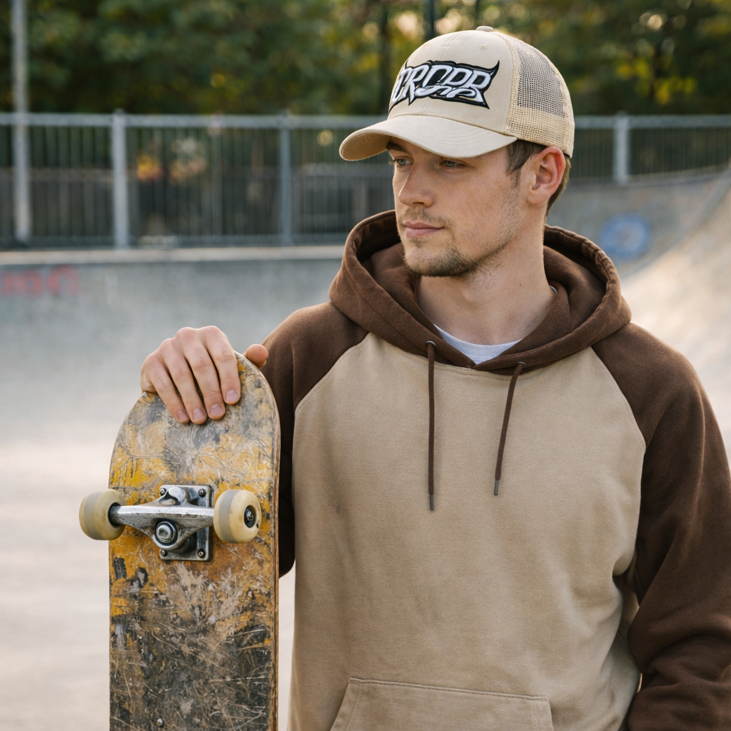 Beige Foam Front Trucker Cap with Bold 3D Embroidered Letter Logo