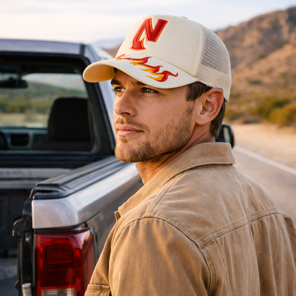 Flame Embroidered 5 Panel Foam Trucker Hat with Mesh Back Snapback Cap