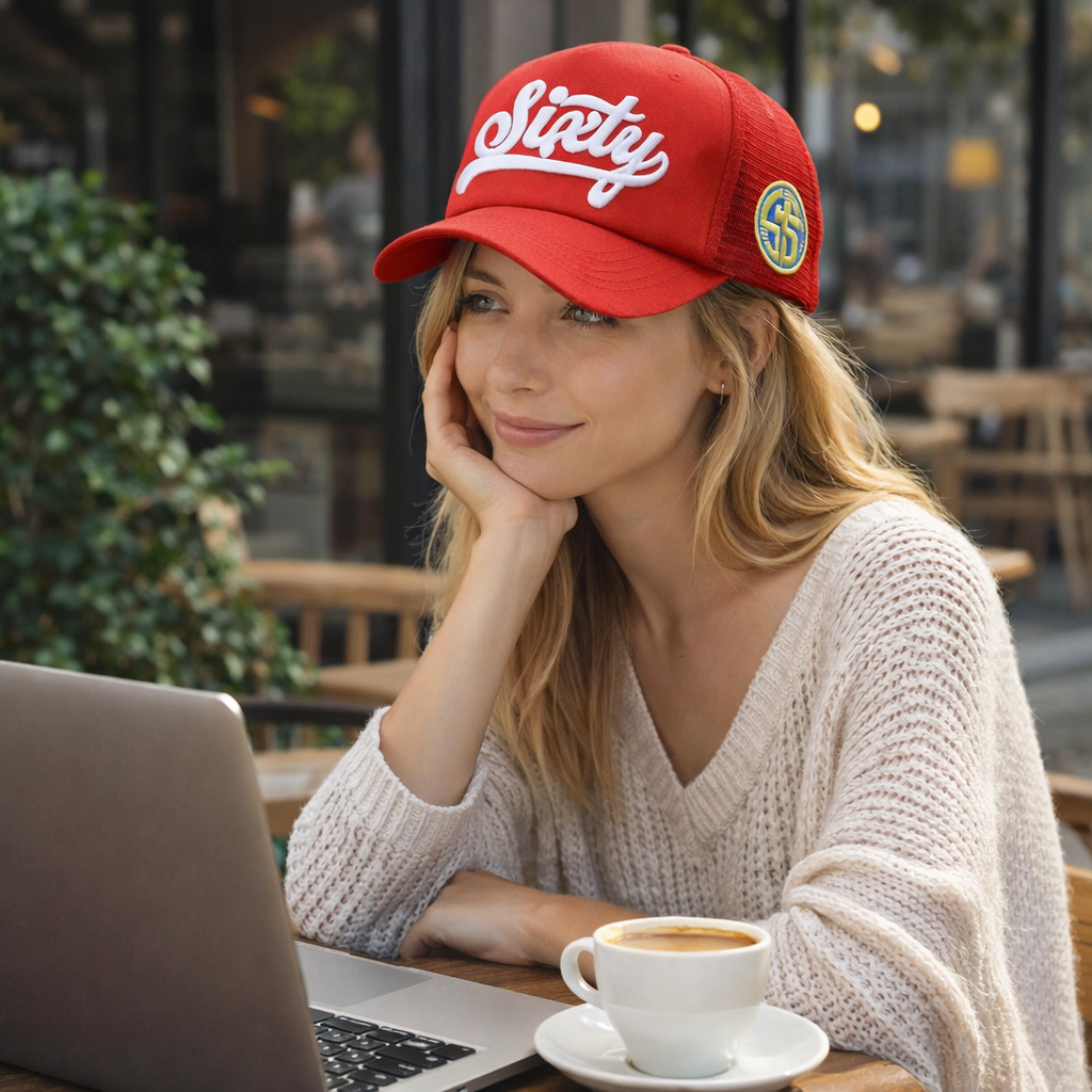 Red Foam Trucker Hats with White Sixty Script 3D Embroidery Logo
