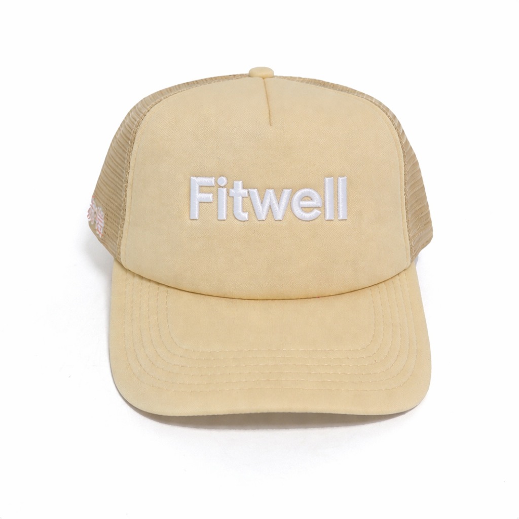 Beige Foam Trucker Hat with White 3D Embroidered GRYFFIN Logo