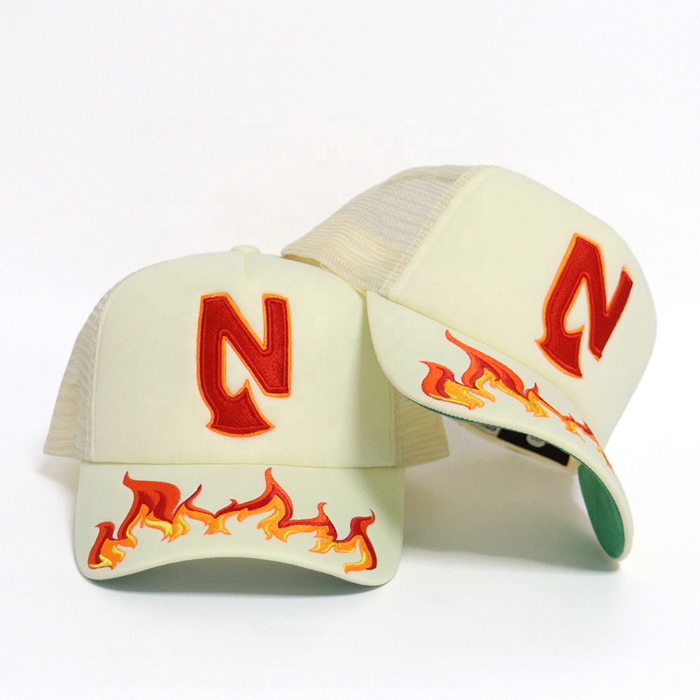 Flame Embroidered 5 Panel Foam Trucker Hat with Mesh Back Snapback Cap