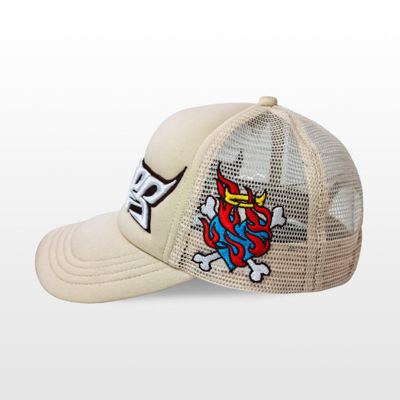 Beige Foam Front Trucker Cap with Bold 3D Embroidered Letter Logo