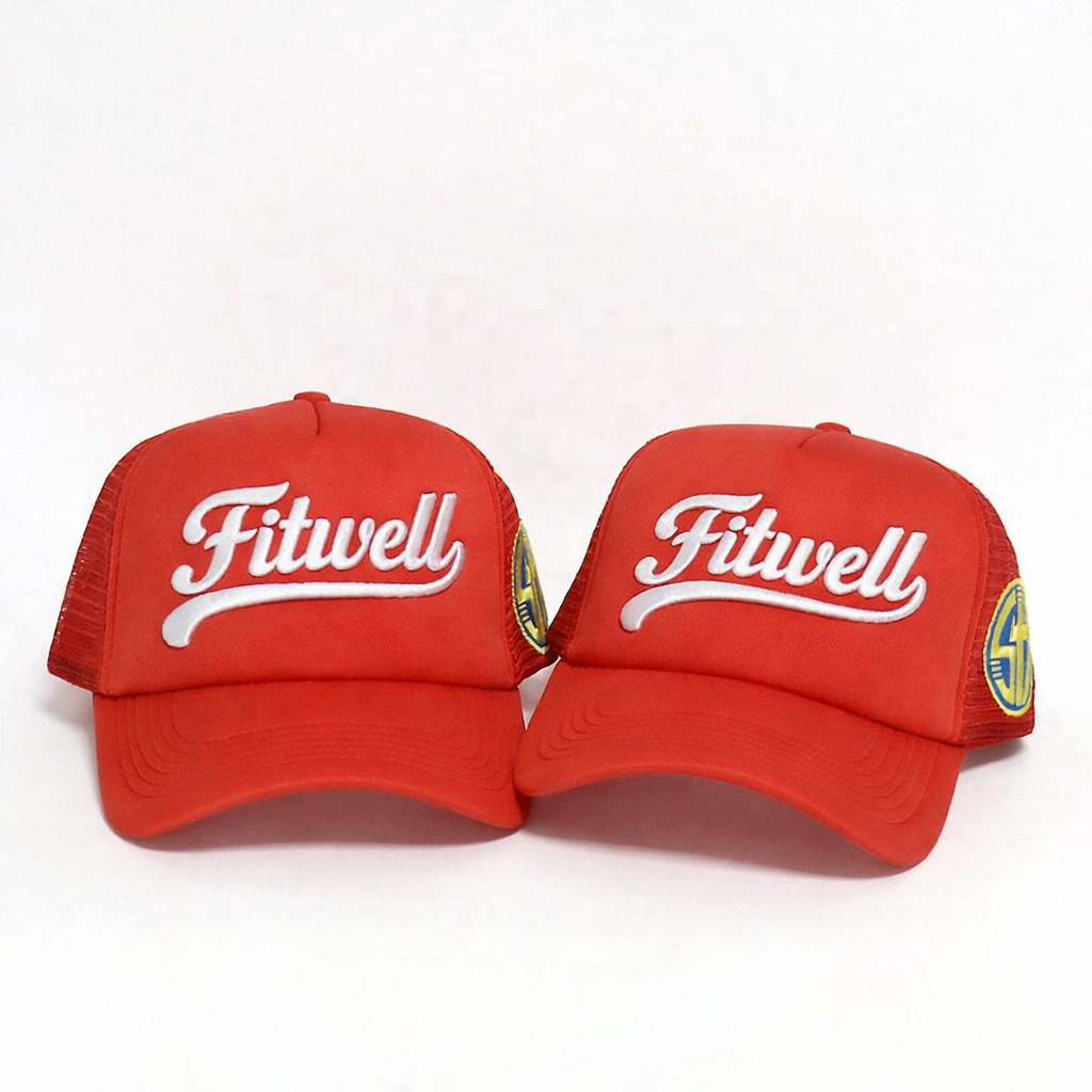 Red Foam Trucker Hats with White Sixty Script 3D Embroidery Logo