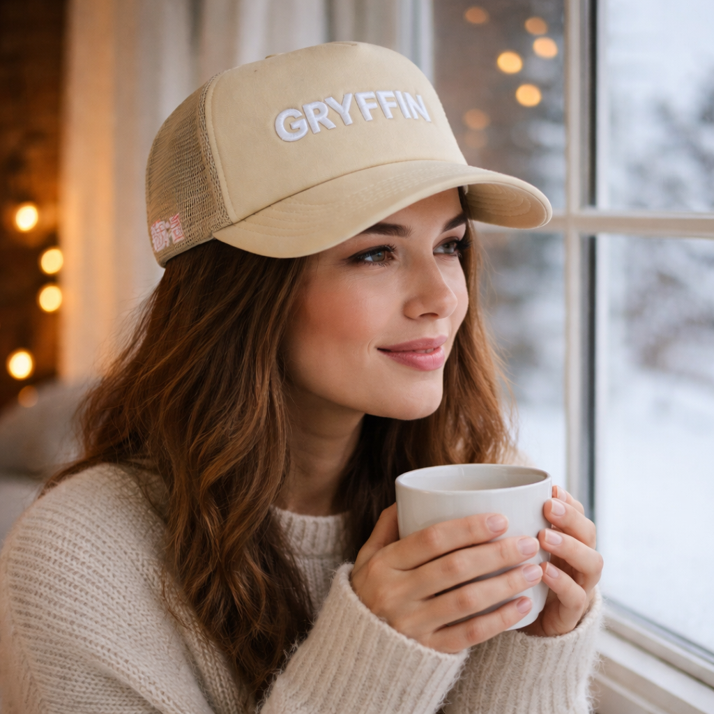 Beige Foam Trucker Hat with White 3D Embroidered GRYFFIN Logo