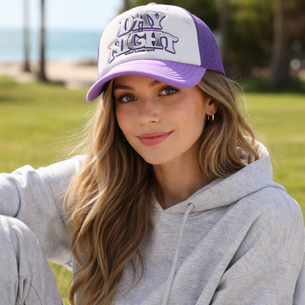 Purple and White Day N Night Embroidered Trucker Hat