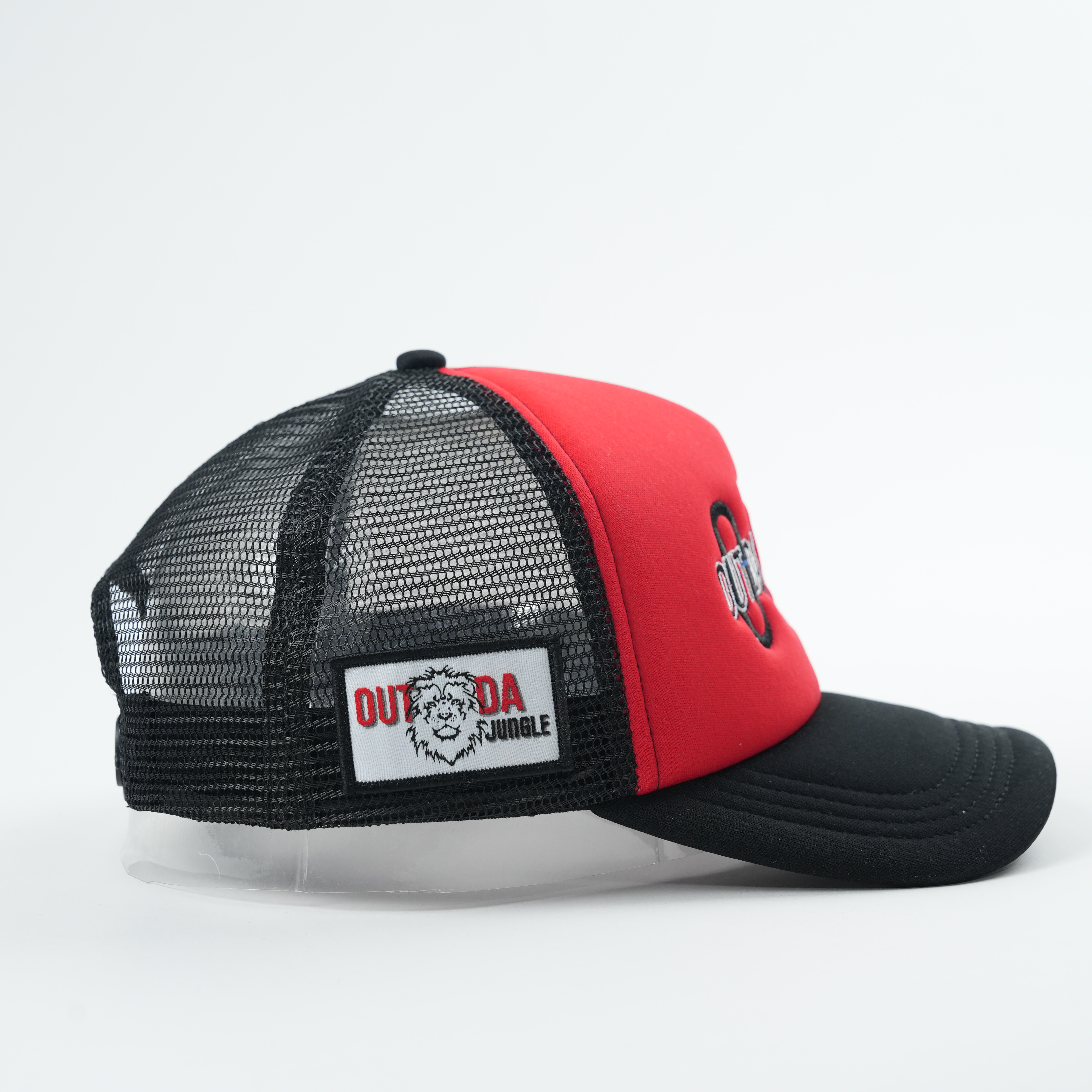 Red and Black Mesh Back Trucker Cap with Embroidered Letter Logo