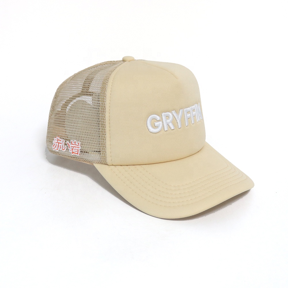 Beige Foam Trucker Hat with White 3D Embroidered GRYFFIN Logo