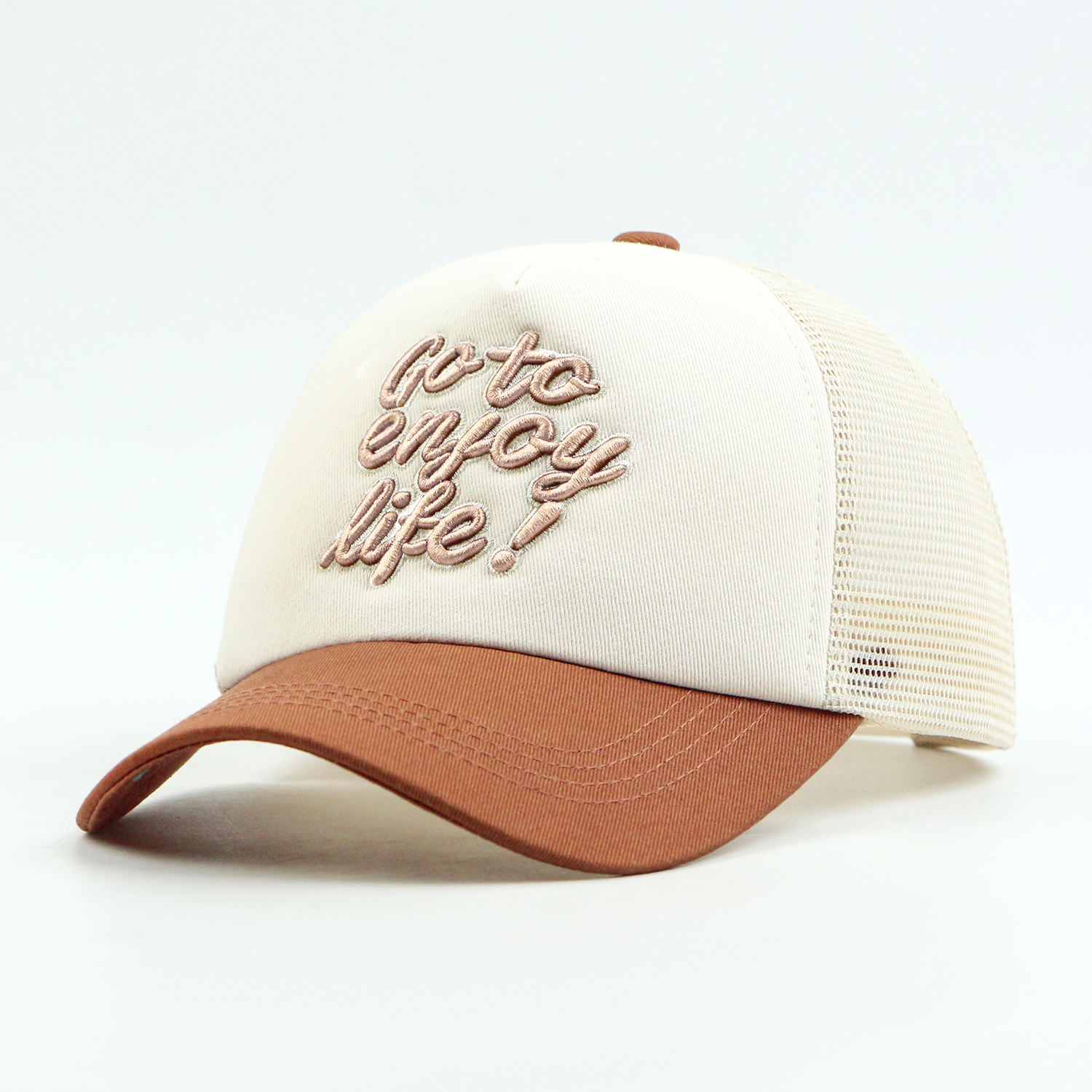 Go To Exercise Script Embroidered 5 Panel Foam Mesh Trucker Cap