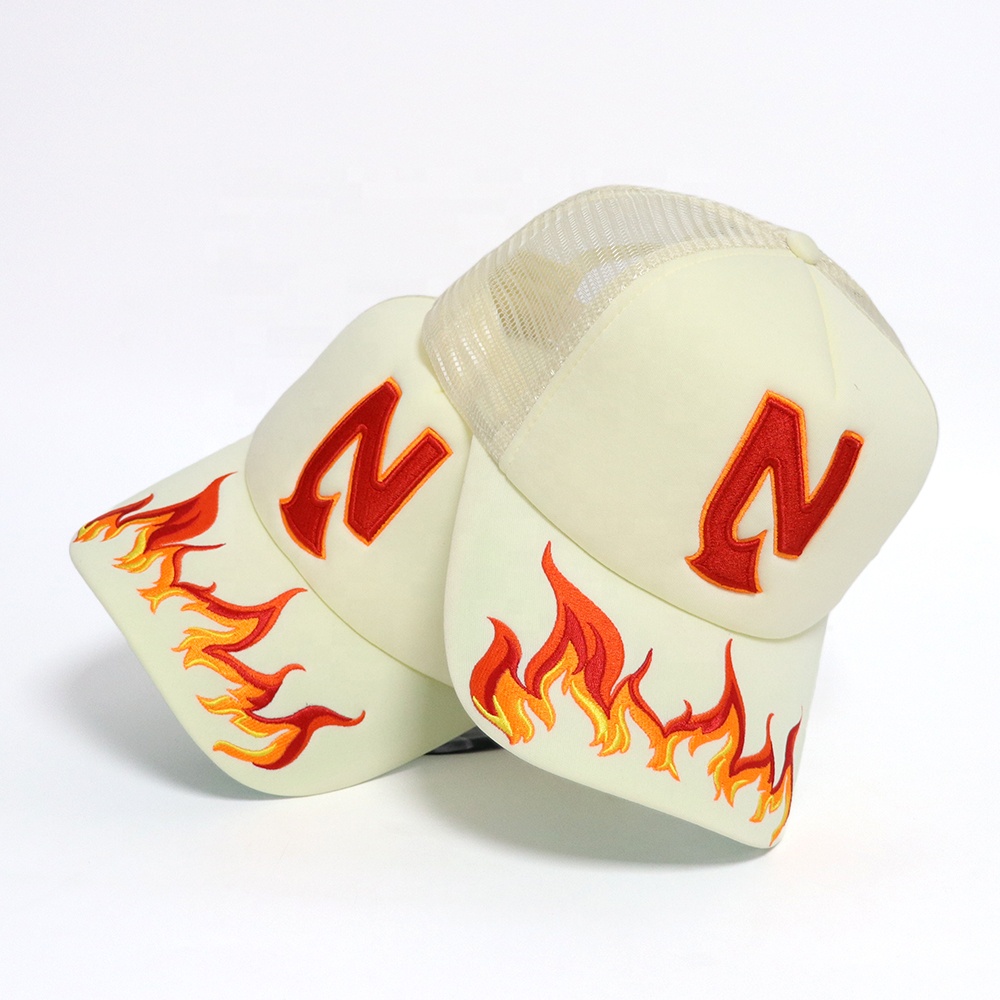 Flame Embroidered 5 Panel Foam Trucker Hat with Mesh Back Snapback Cap