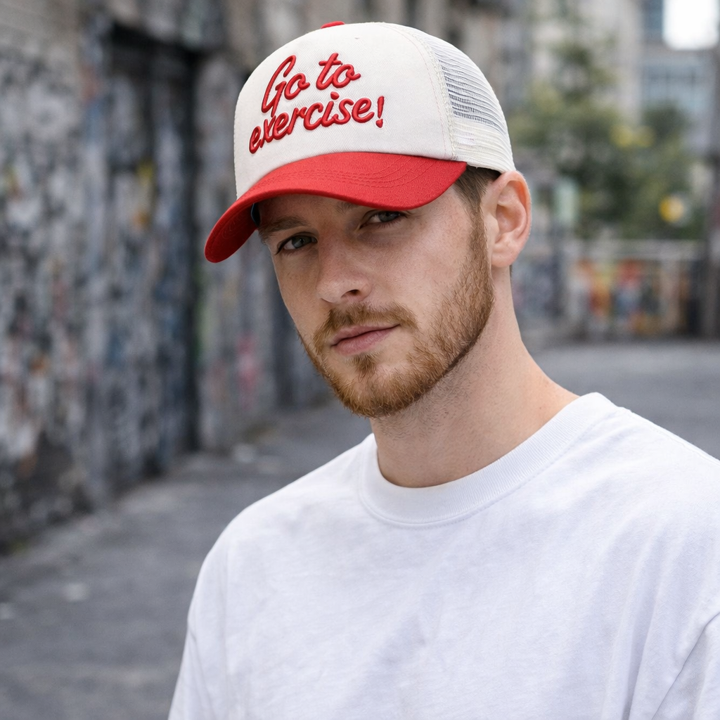 Go To Exercise Script Embroidered 5 Panel Foam Mesh Trucker Cap