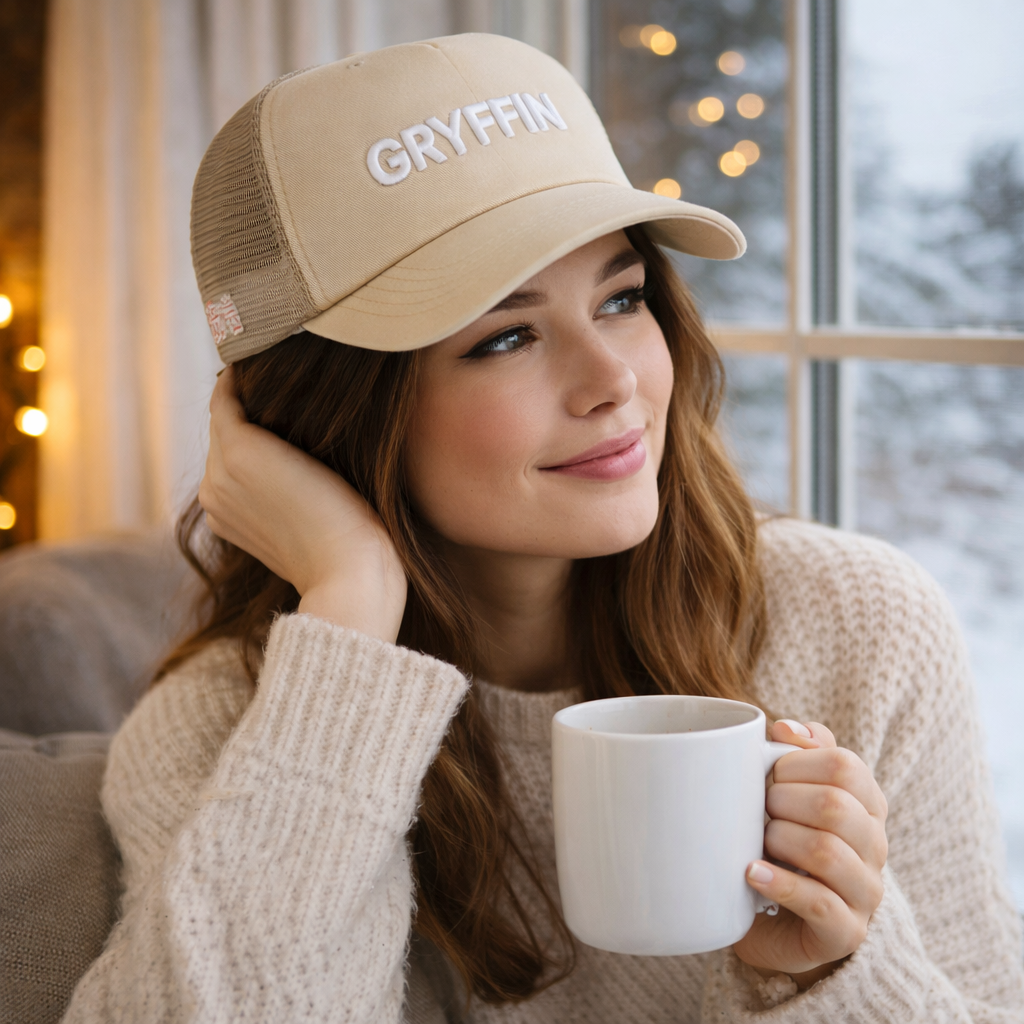 Beige Foam Trucker Hat with White 3D Embroidered GRYFFIN Logo