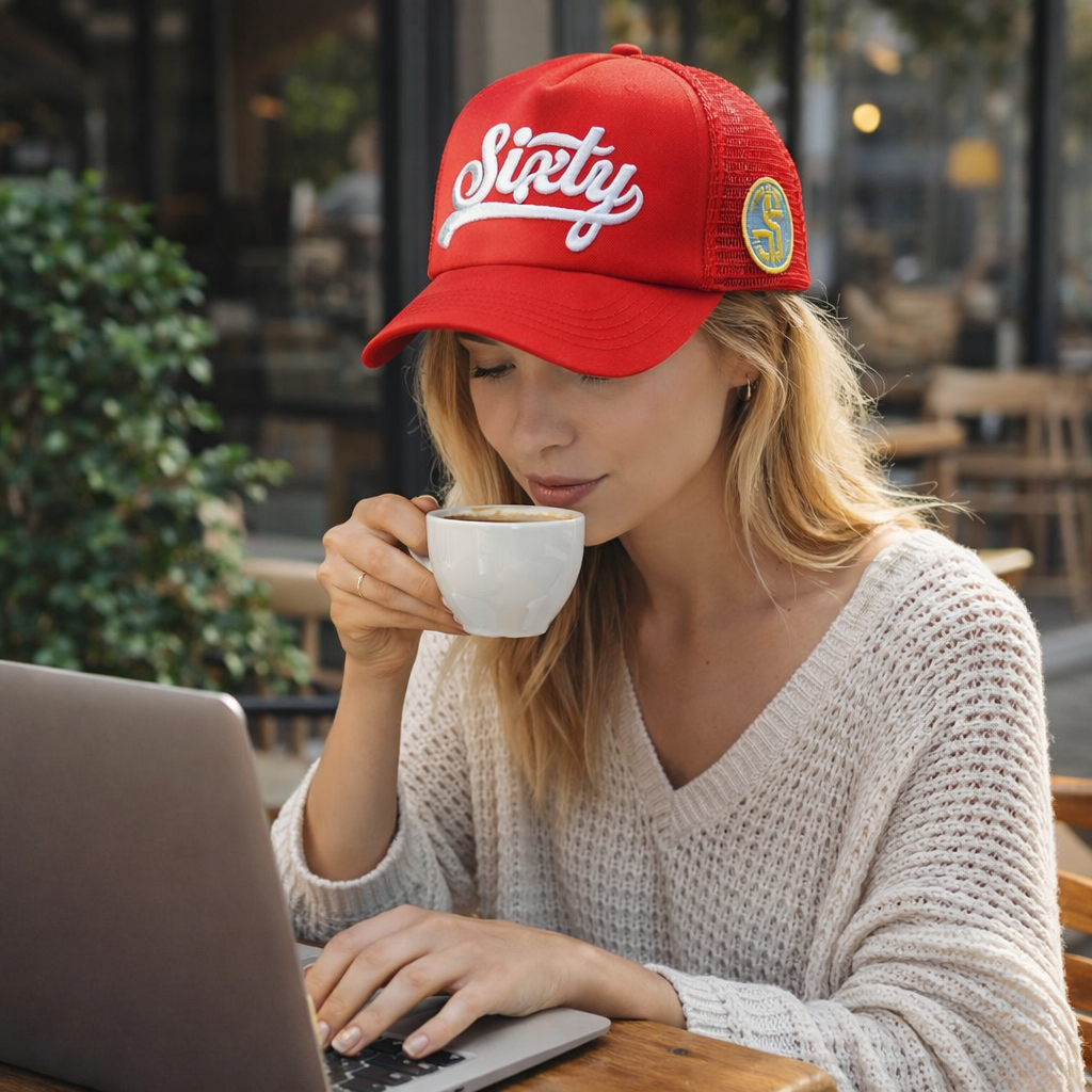 Red Foam Trucker Hats with White Sixty Script 3D Embroidery Logo