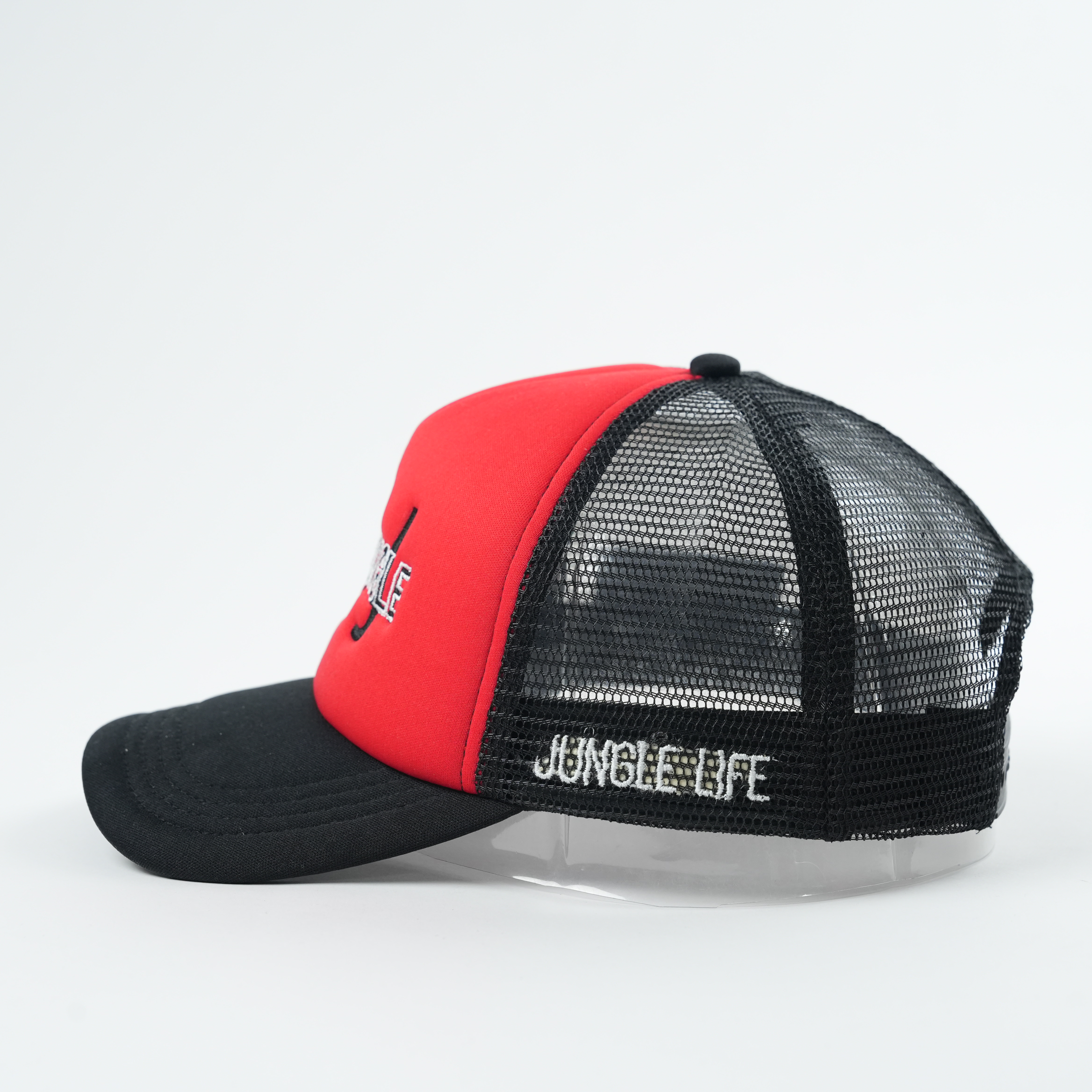 Red and Black Mesh Back Trucker Cap with Embroidered Letter Logo