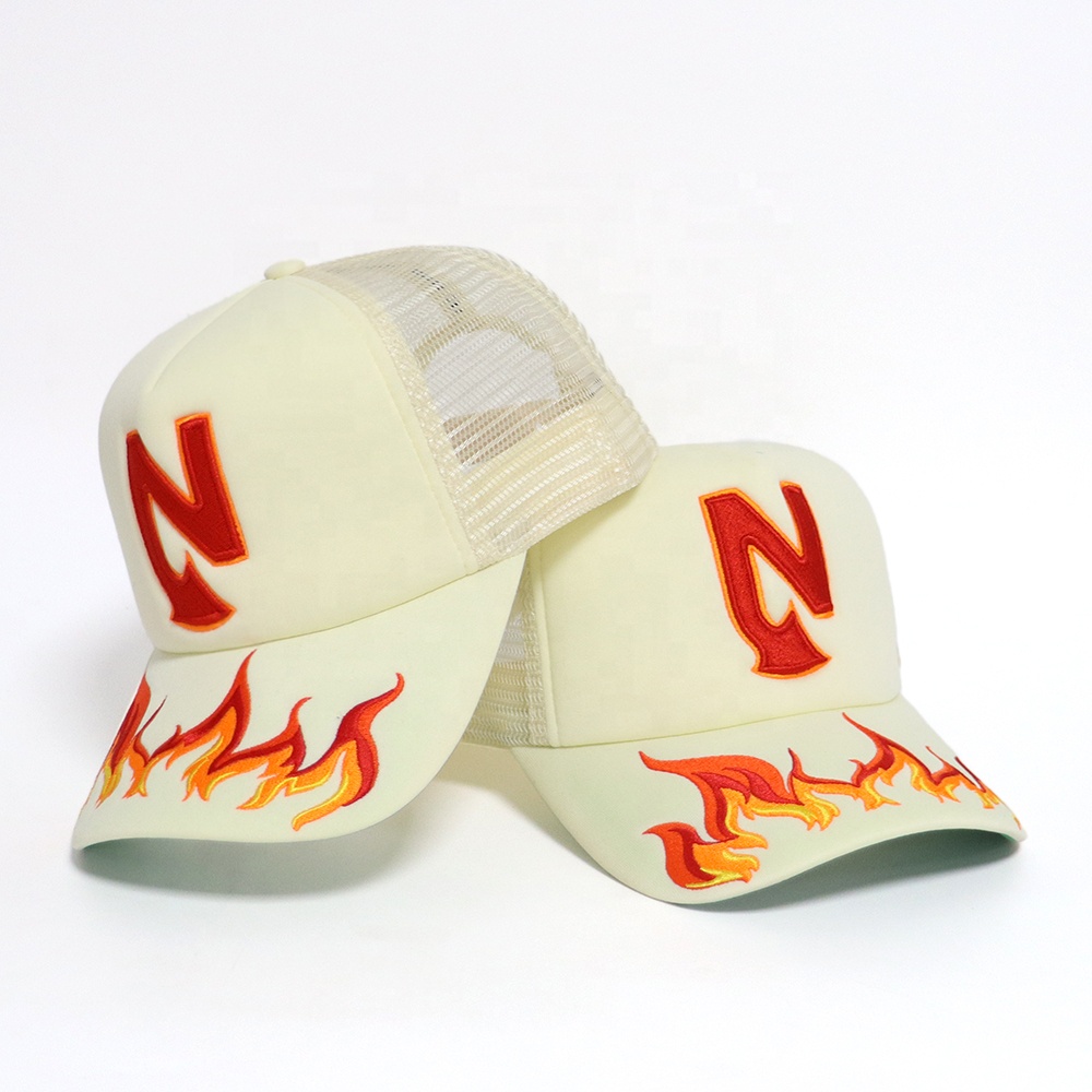 Flame Embroidered 5 Panel Foam Trucker Hat with Mesh Back Snapback Cap