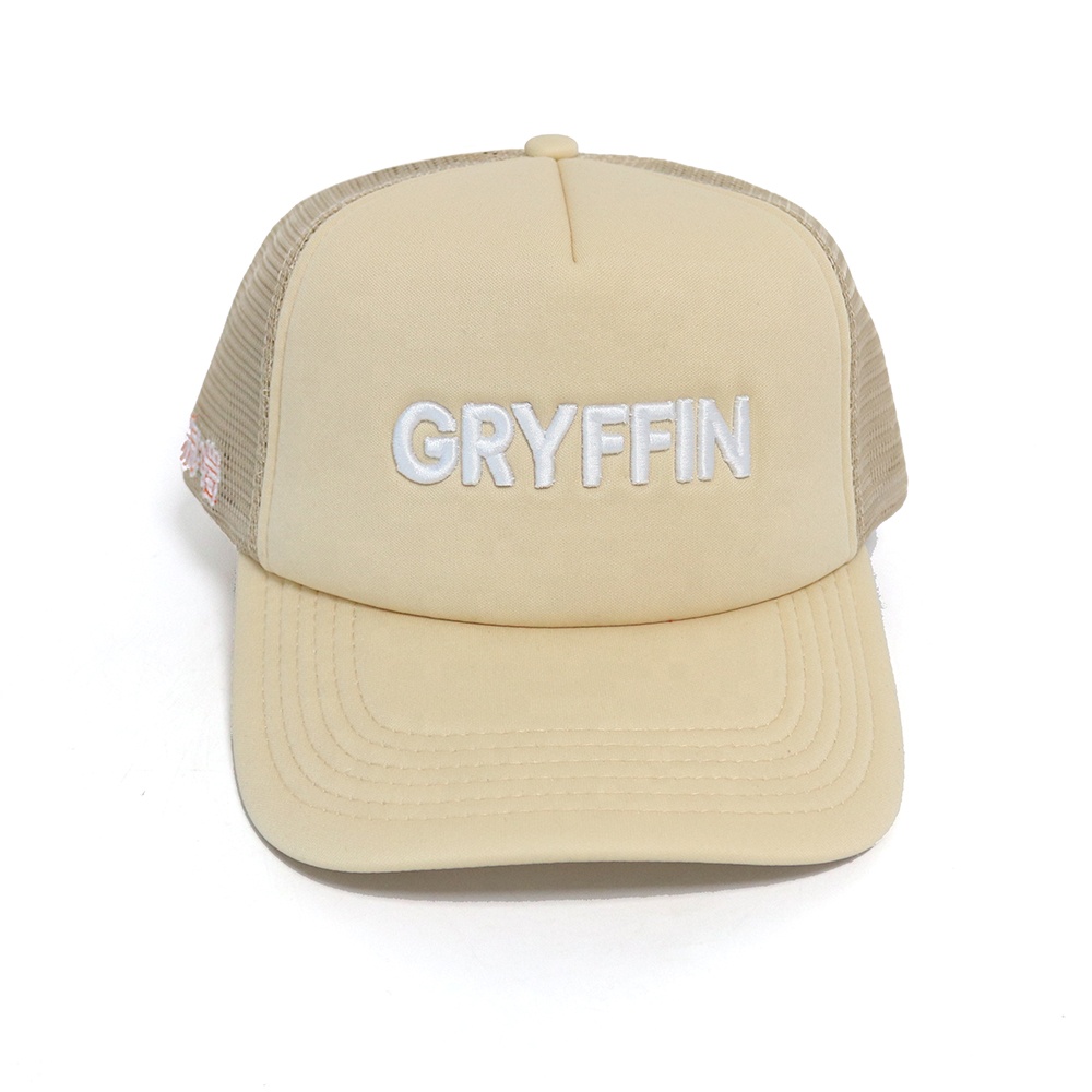 Beige Foam Trucker Hat with White 3D Embroidered GRYFFIN Logo