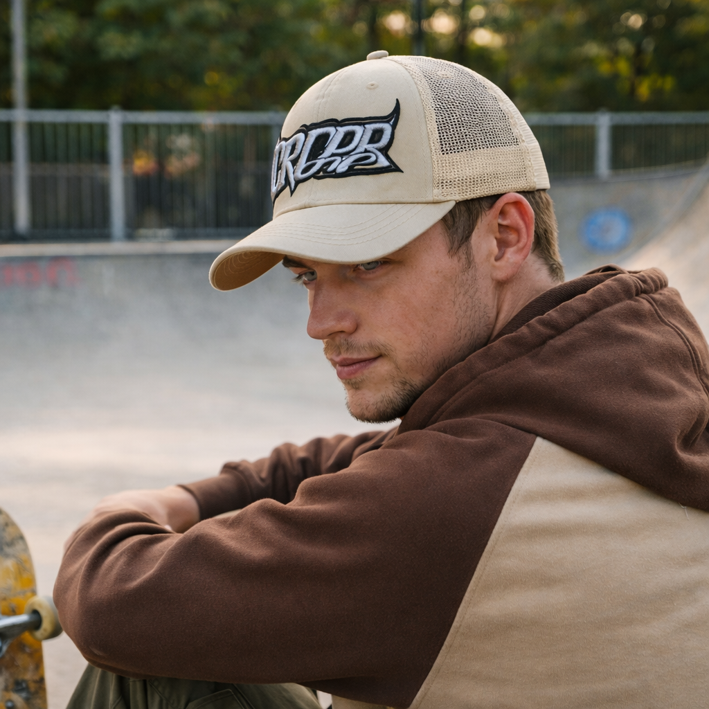Beige Foam Front Trucker Cap with Bold 3D Embroidered Letter Logo