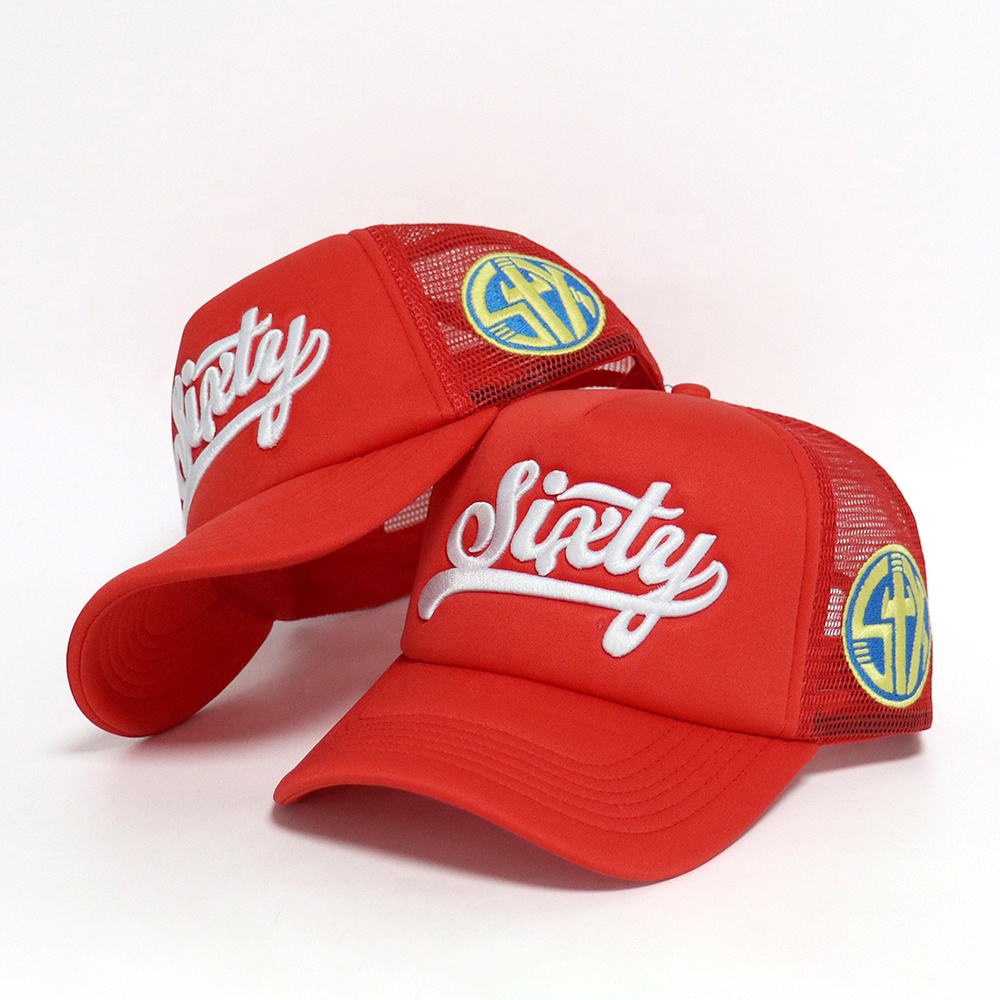 Red Foam Trucker Hats with White Sixty Script 3D Embroidery Logo