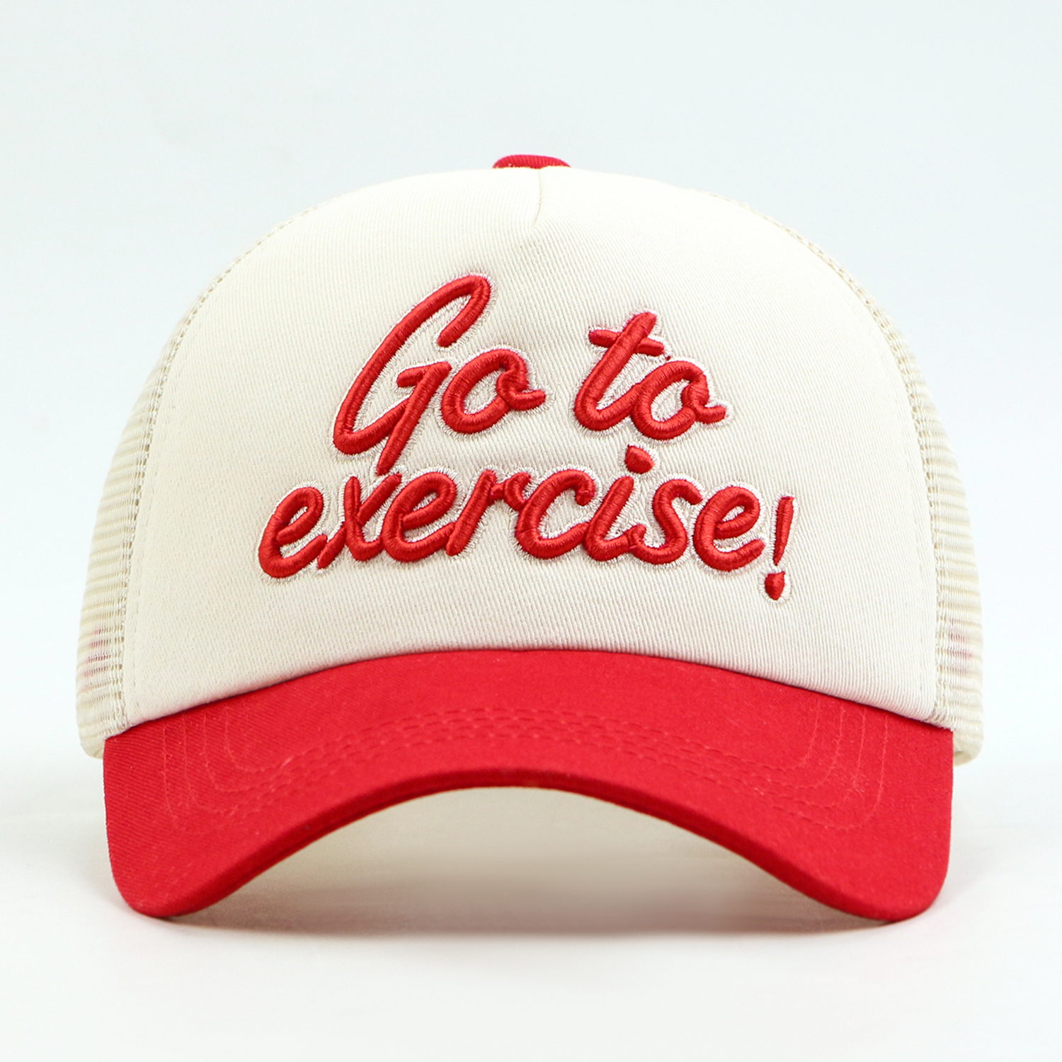 Go To Exercise Script Embroidered 5 Panel Foam Mesh Trucker Cap
